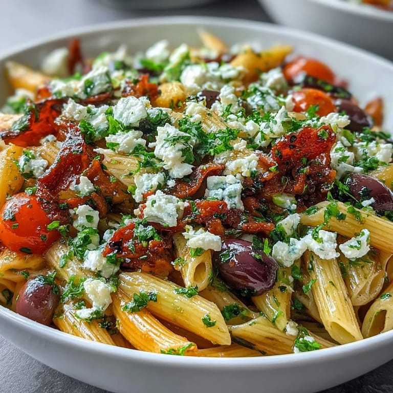 Colorful Greek pasta salad with cherry tomatoes, red onions, and feta, ideal for outdoor gatherings or potlucks.