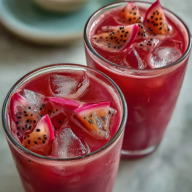 Refreshing homemade Mango Dragonfruit Refresher in two tall glasses, bursting with bright pink color and juicy fruit pieces, ideal for afternoon sipping.