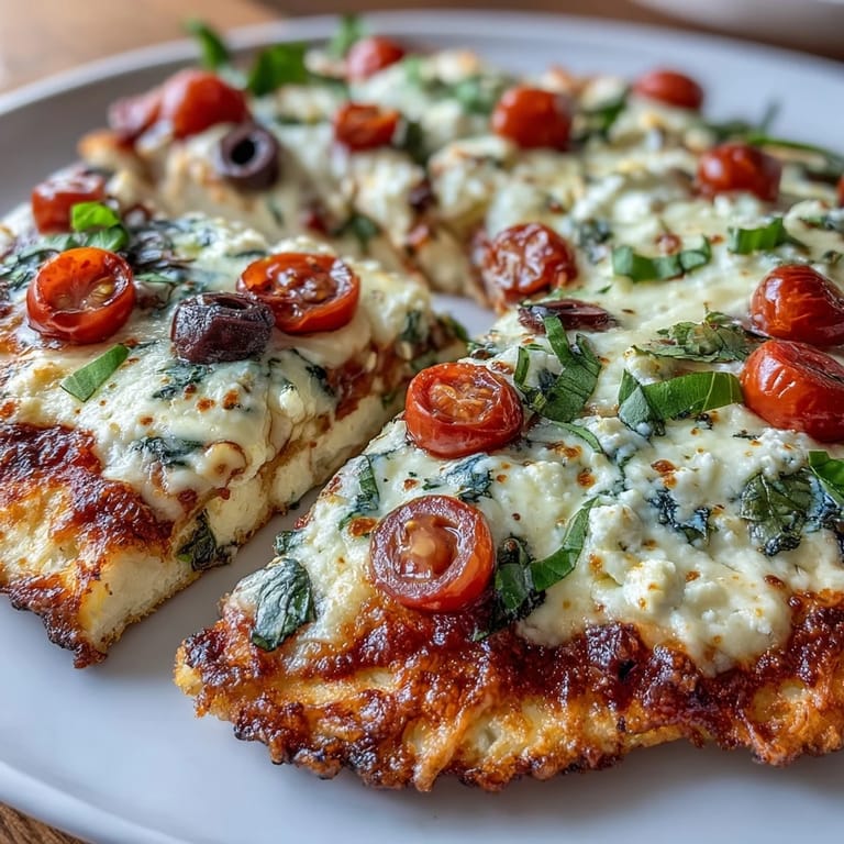 Savory cottage cheese flatbread pizza topped with spinach, olives, and bubbling cheese for a healthy, protein-packed meal.
