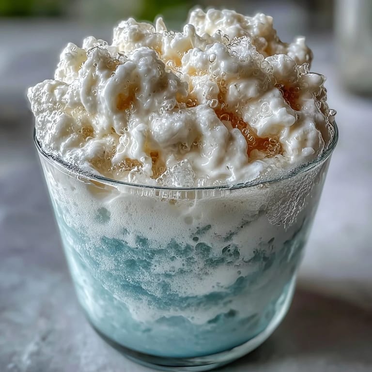 Two servings of TikTok Cloud Slushie, a light and bubbly lemon-lime slushie topped with sweetened condensed milk swirls.