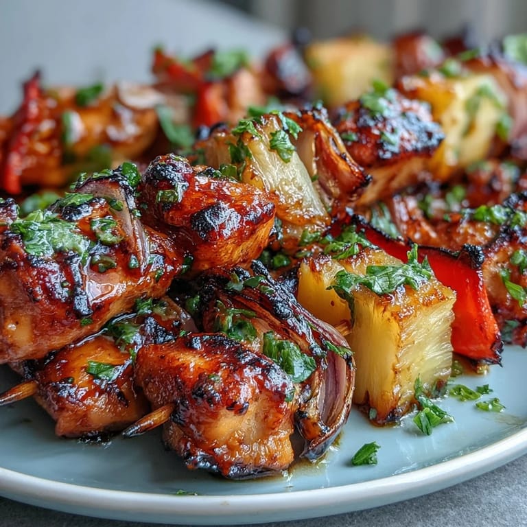 Sweet and savory Grilled Pineapple Chicken Skewers, basted with honey-lime marinade, deliver a burst of tropical flavor.