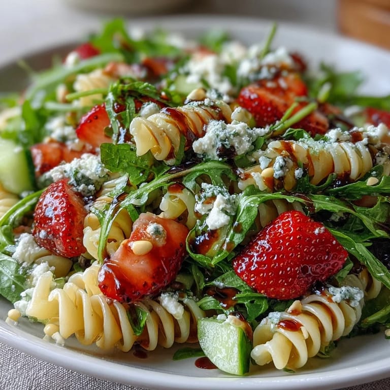 Colorful pasta salad featuring sweet strawberries, crumbled feta, and peppery arugula, perfect for a light spring lunch.