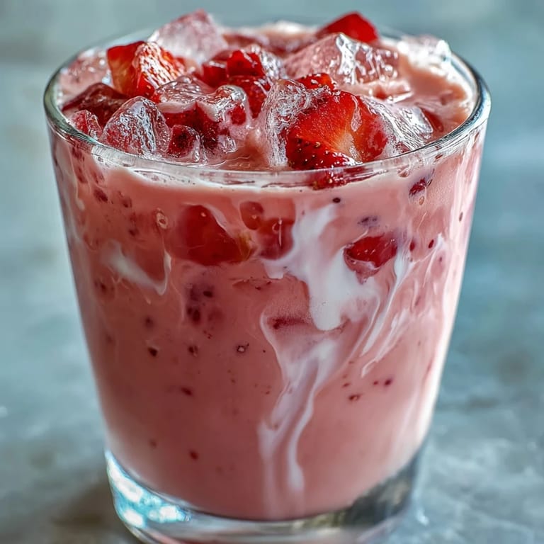 Bright pink starburst refresher featuring vanilla syrup and fresh strawberries, perfect for a fruity, chilled beverage.