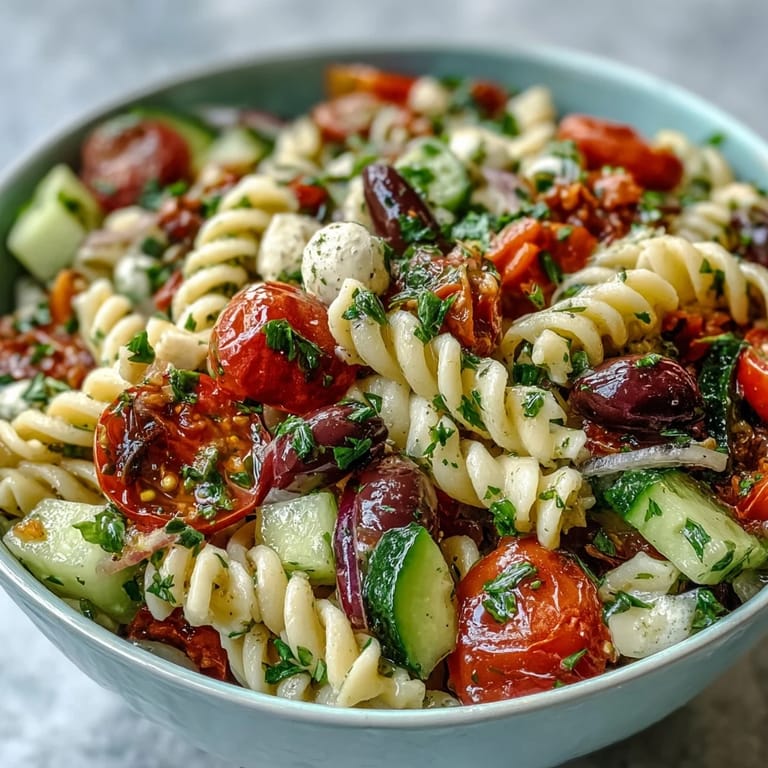 A refreshing bowl of Easy Summer Pasta Salad with Italian Dressing, featuring chilled fusilli pasta, crisp vegetables, and creamy mozzarella, perfect for warm-weather meals.