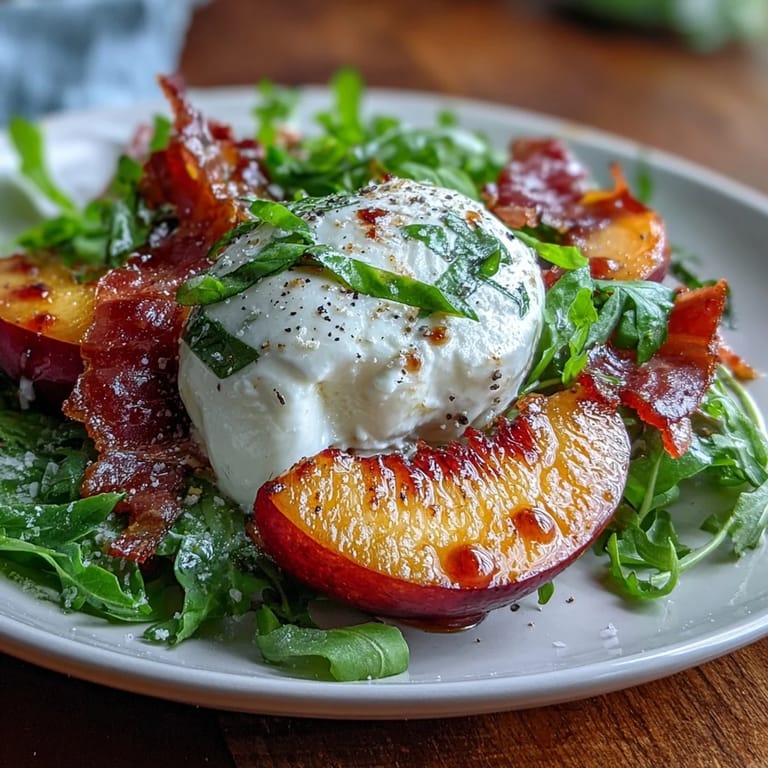 An elegant Burrata and Peach Summer Salad with prosciutto, ready to serve.