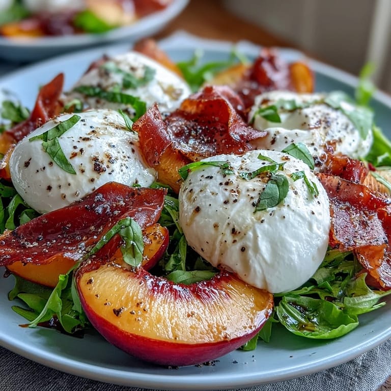 Vibrant summer salad featuring peaches, burrata, and prosciutto with balsamic glaze.