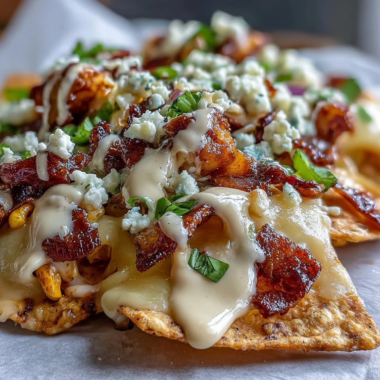 Close-up of Cinco de Mayo Elote Nachos, showing melted cheese and fresh toppings.