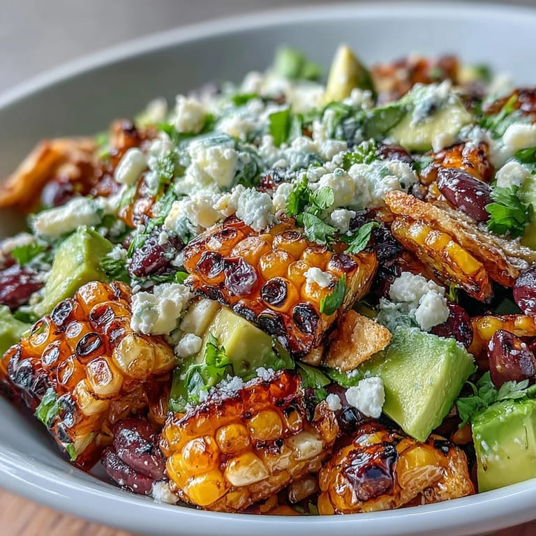 Hearty grilled corn and black bean taco salad served as a delicious, healthy summer meal.