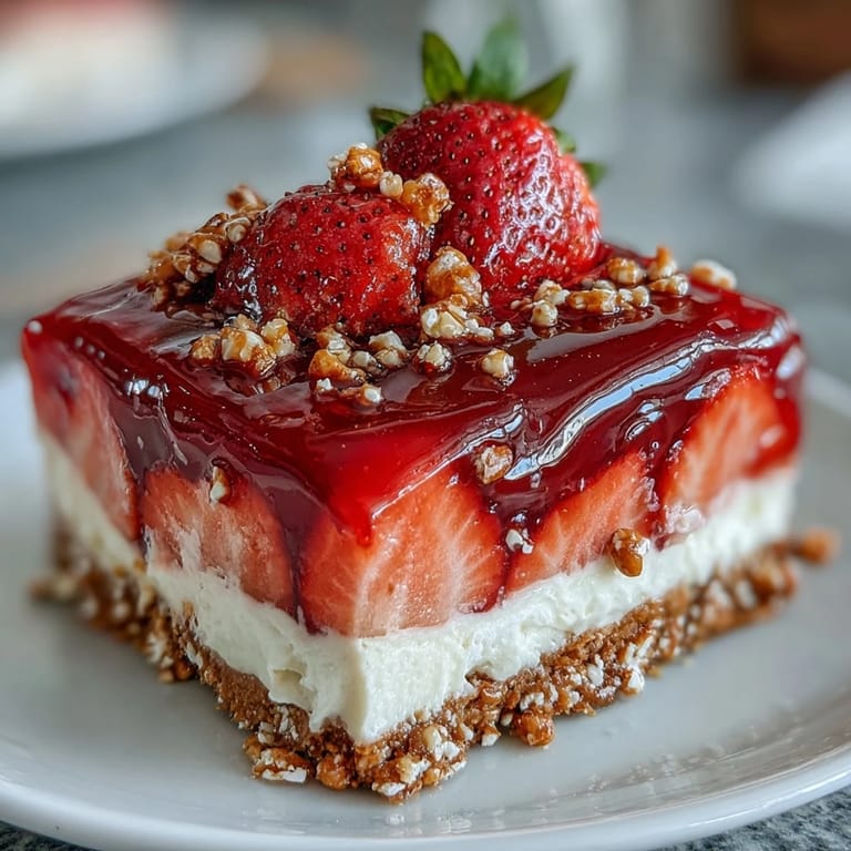 Red strawberry gelatin topping crowns this festive pretzel salad dessert.