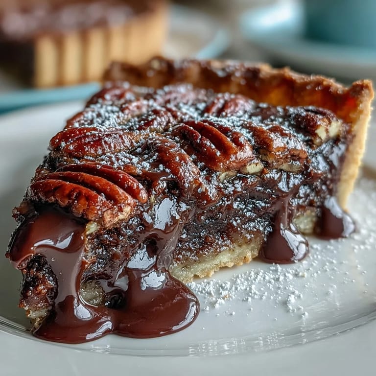 Southern-inspired Kentucky Derby chocolate bourbon pecan tart, baked golden brown and delicious.
