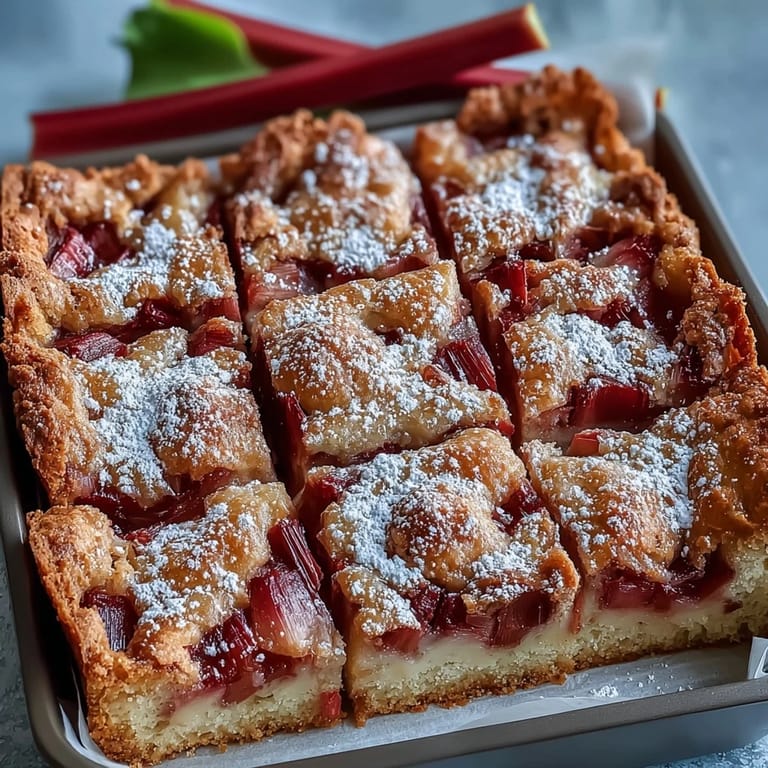 Close-up of Rhubarb Custard Bars, showing the vibrant rhubarb and smooth custard texture.