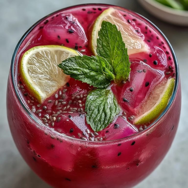 Chilled dragon fruit lemonade with chia seeds, garnished with mint for summer refreshment.