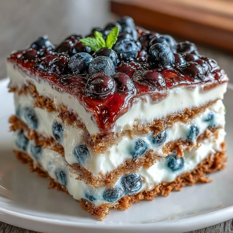 Beautifully layered Lemon Blueberry Icebox Cake, a refreshing no-bake summer dessert.