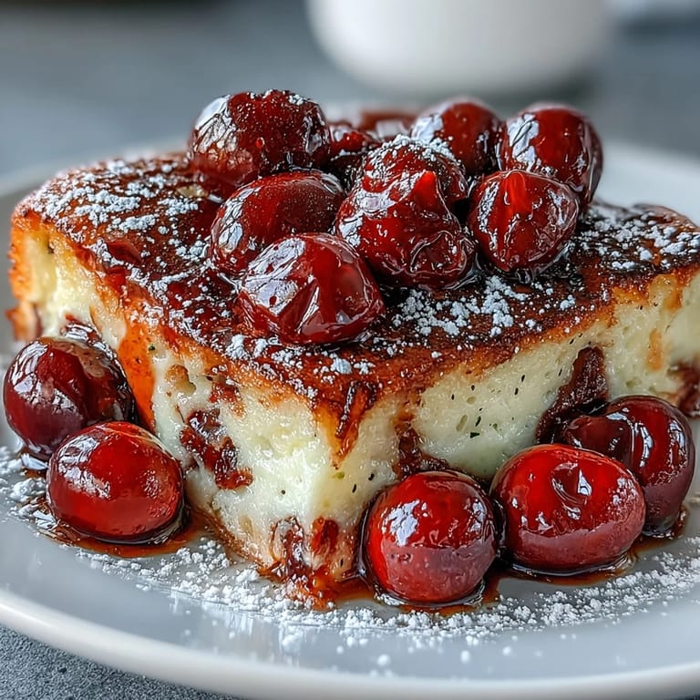Warm, comforting fresh cherry clafoutis, a tender custard dessert ready to enjoy.