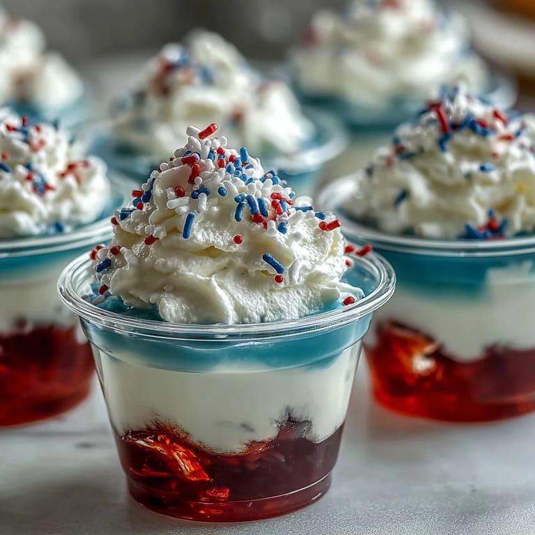 Alcohol-free Firecracker Jello Shots glistening with juicy berry flavors, ready for fun.