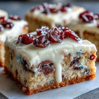 Close-up of Cranberry Bliss Bars showing rich orange cream cheese frosting, white chocolate drizzle, and ruby-red cranberries on top. 