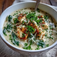 Creamy Garlic Parmesan Chicken Soup served in a rustic white bowl, garnished with fresh parsley and grated Parmesan.
