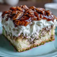 Freshly sliced Butter Pecan Tres Leches Cake reveals moist, milk-soaked layers, crowned with glossy butter-pecan glaze and a fluffy cloud of whipped cream.