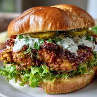 Golden-brown, ultra-crispy fried chicken piled high on a toasted brioche bun with fresh lettuce and pickles.