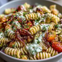 Freshly roasted zucchini, bell pepper, and red onion sit atop a warm bowl of chickpea pasta, drizzled with creamy tahini sauce and garnished with parsley.