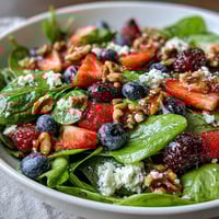 Fresh baby spinach and vibrant mixed berries are tossed with crumbled goat cheese, toasted pecans, and a sweet balsamic vinaigrette in a serving bowl.