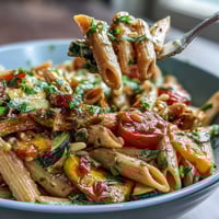 Whole wheat pasta bowl with creamy white bean sauce, topped with toasted pine nuts and fresh parsley.