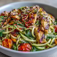 Vibrant spiralized vegetable bowl with zucchini noodles, sweet potato spirals, and grilled chicken topped with creamy tahini sauce.  