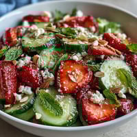 A vibrant spring salad with crisp cucumber, sweet strawberries, and fresh mint, drizzled with tangy lemon-honey dressing.  