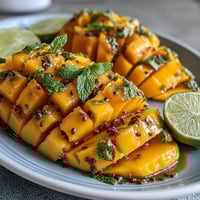 Vibrant tropical mango and pineapple fruit platter with fresh mint and lime garnish, perfect for summer parties and gatherings.