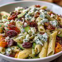 Greek pasta salad with olives and feta, vibrant with fresh vegetables and tangy cheese, perfect for summer picnics.