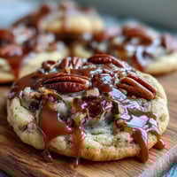 Golden butter pecan cookies with caramel swirl, showcasing toasted pecans and a glossy caramel drizzle baked into each chewy cookie.