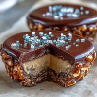 Peanut butter eggs with pretzel crust chocolate cups on a dessert platter with sprinkles.  