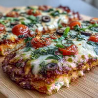 Golden cottage cheese flatbread pizza with melted mozzarella, juicy tomatoes, and fresh basil on a high-protein base.