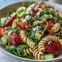 Fresh spring pasta salad with strawberries, feta, and arugula in a balsamic dressing, garnished with basil and pine nuts.