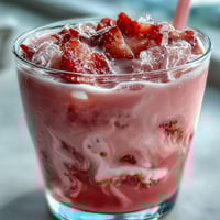 Refreshing pink starburst refresher with vibrant berry and citrus flavors, served over ice with fresh strawberry slices.