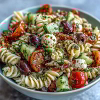 Easy Summer Pasta Salad with Italian Dressing in a white bowl, vibrant colors of tomatoes, cucumber, and bell peppers, topped with mozzarella balls and parsley.