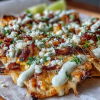 Vibrant Cinco de Mayo Elote Nachos piled high with cheesy corn and creamy chipotle.