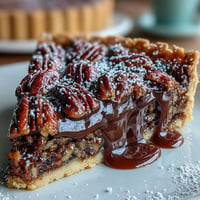Decadent chocolate bourbon pecan tart, glistening with glossy filling, ready to slice.