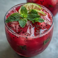 Dragon fruit lemonade with chia seeds, a bright pink, refreshing drink with fruit chunks.