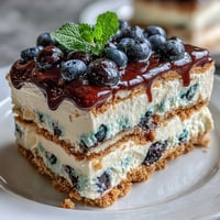 Fluffy Lemon Blueberry Icebox Cake layers with a bright blueberry topping.