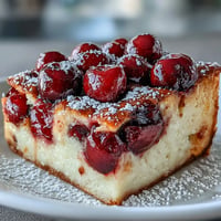 Golden baked French clafoutis bursting with sweet, fresh cherries and vanilla.